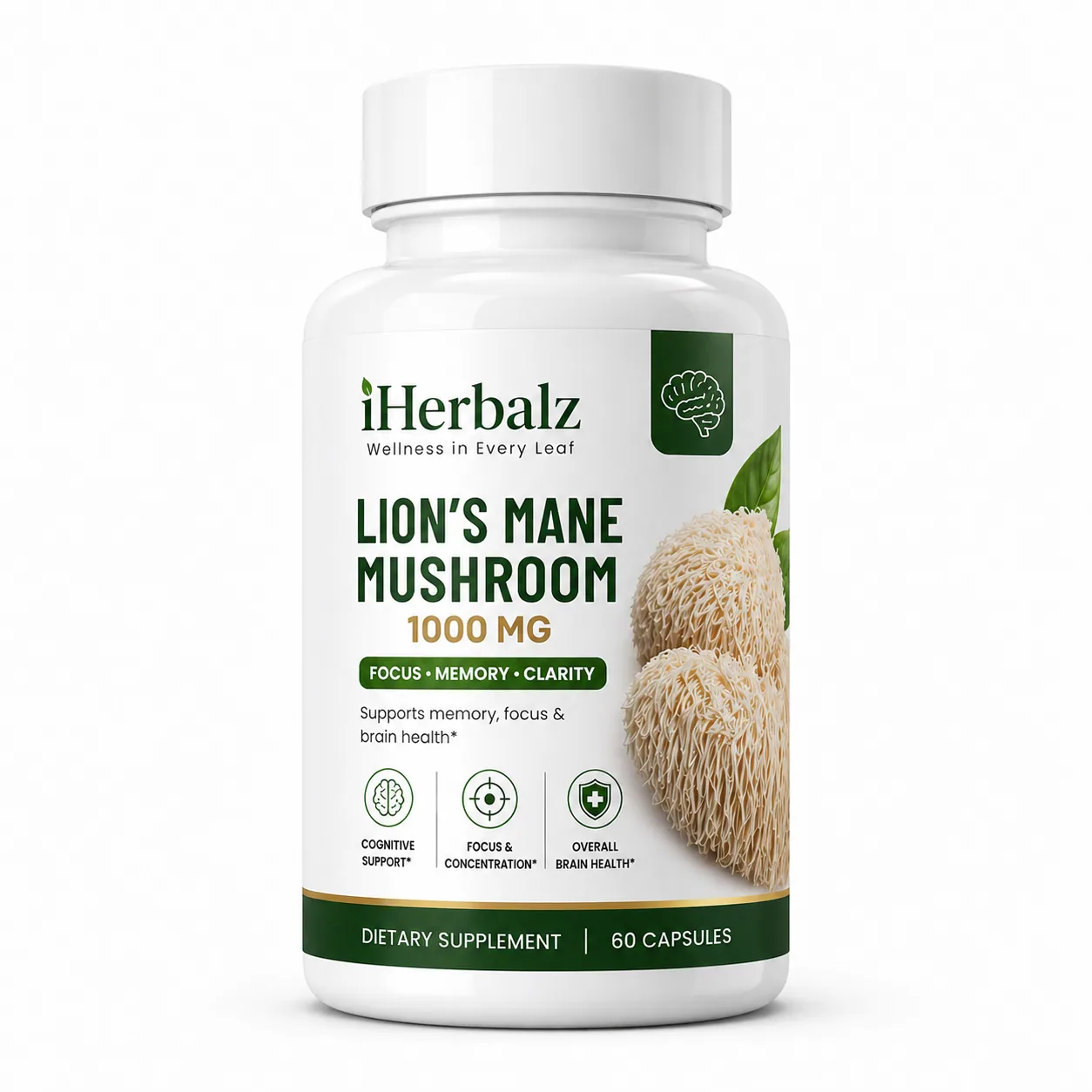 iHerbalz Lion's Mane Mushroom 1000 mg bottle on a natural background