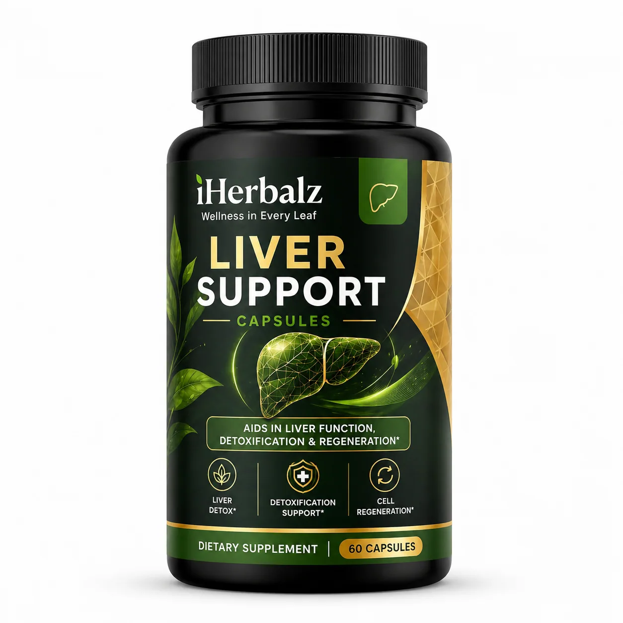iHerbalz Liver Support Capsules bottle on a wood surface