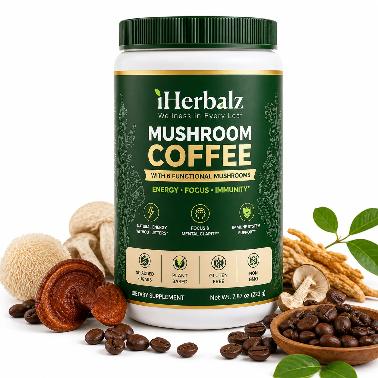 iHerbalz Mushroom Coffee bag on a kitchen counter