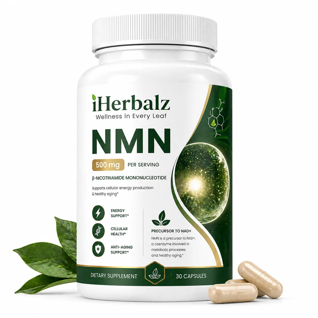 iHerbalz NMN 500 mg bottle on a clean white background