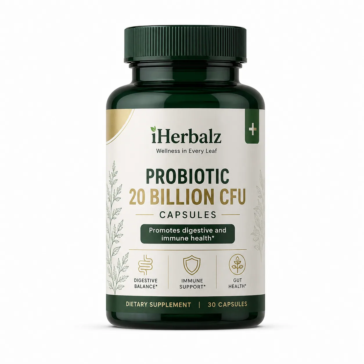 iHerbalz Probiotic 20 Billion CFU bottle on a soft natural surface