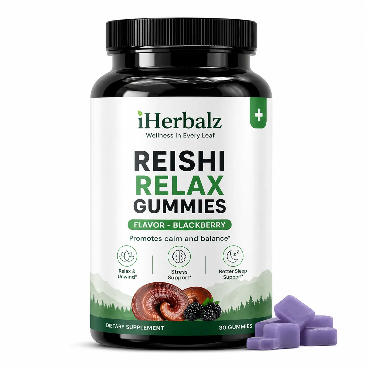 iHerbalz Reishi Relax Gummies (Blackberry) jar on a wood surface